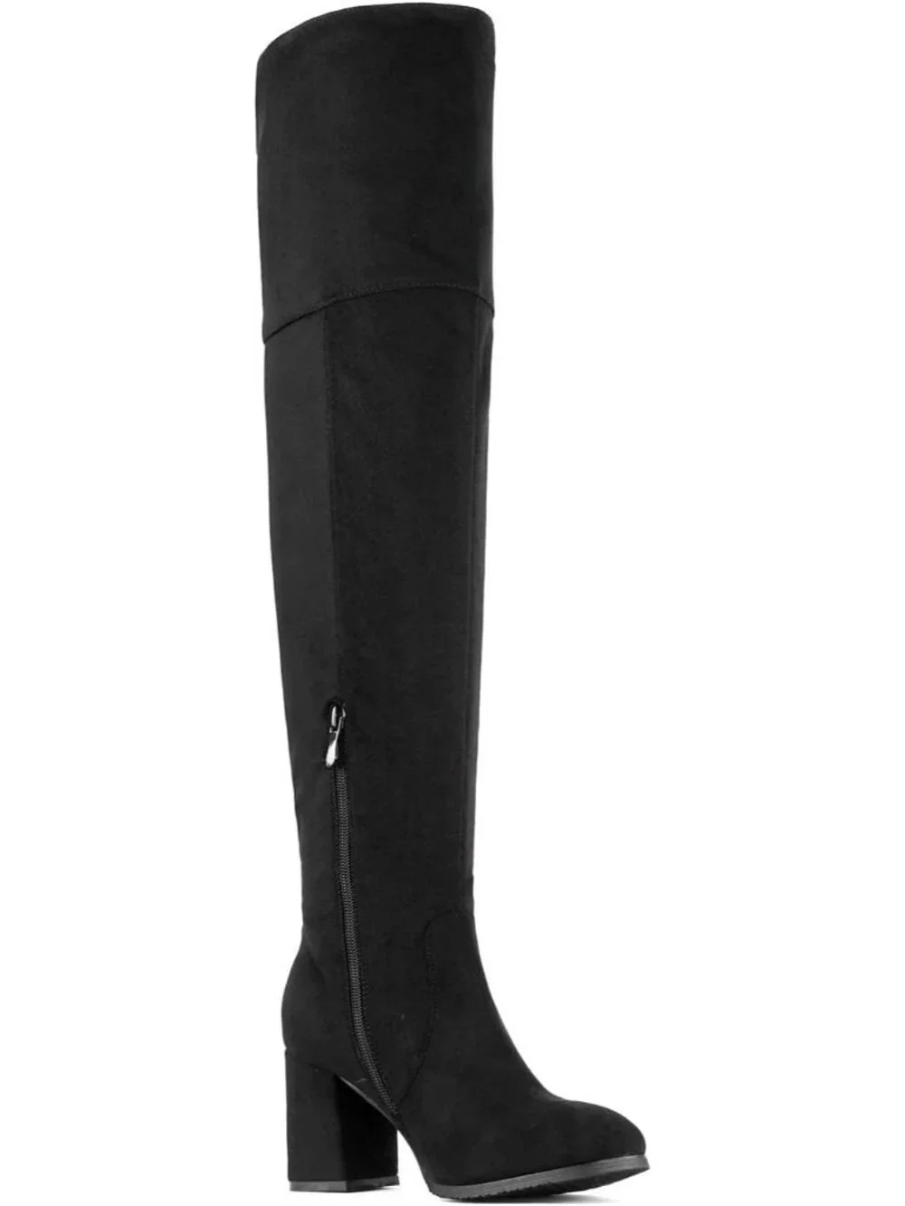 Women's Black Round Toe Side Zipper Chunky Heel Over The Knee Thigh High Boots